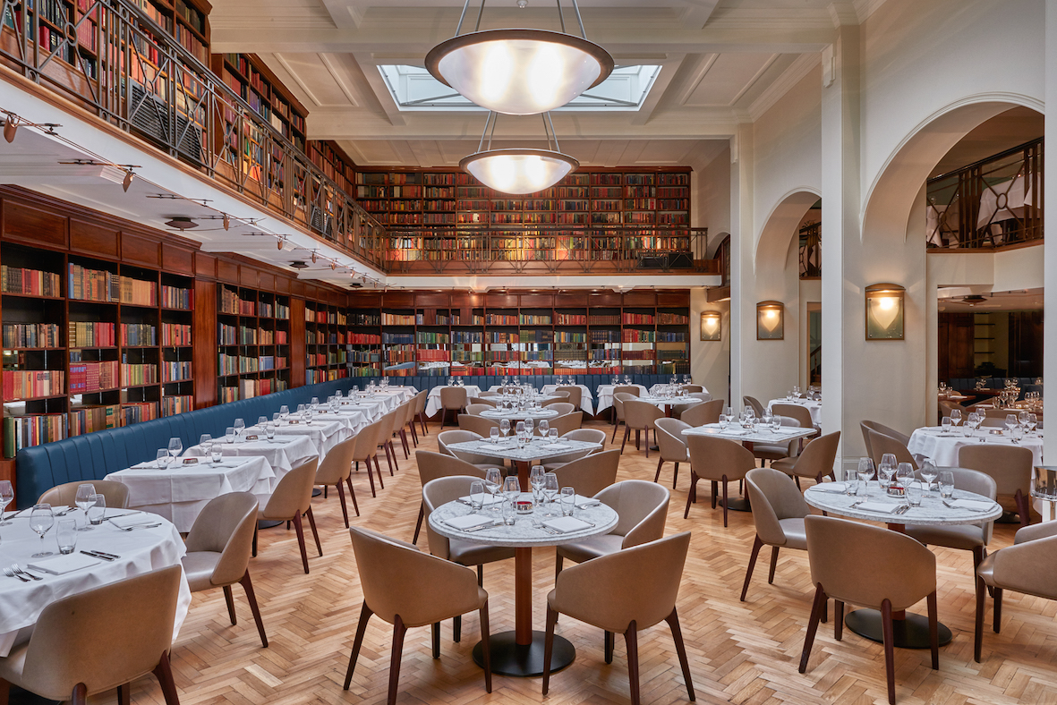 the opulent, bookshelf-lined interiors of the cinnamon club restaurant