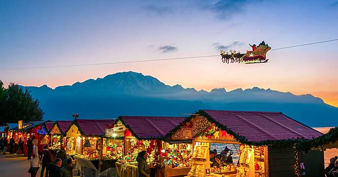 Montreux Christmas Market's model of Santa and his reindeers flying over