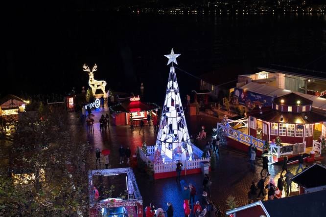 Christmas tree and model reindeer in the Montreux Christmas Market