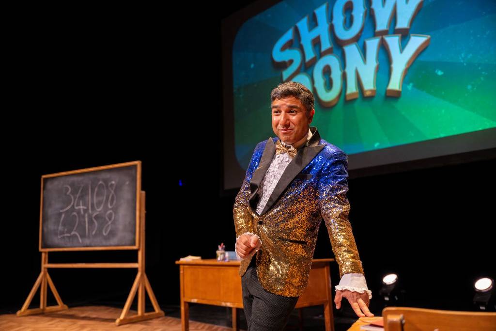 Nick Mohammed on stage when performing 'Show Pony'