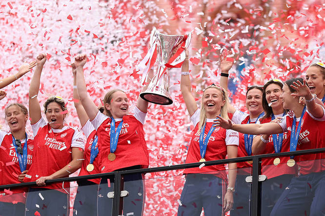 Arsenal Women celebrate winning the Champions League in 2025