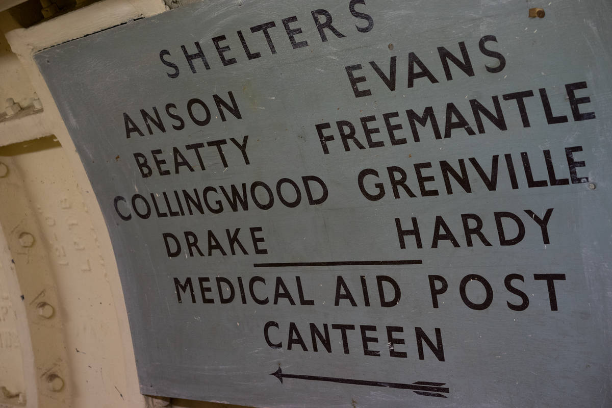 The signs pointing toward the canteen and the medical post inside Clapham South's shelters
