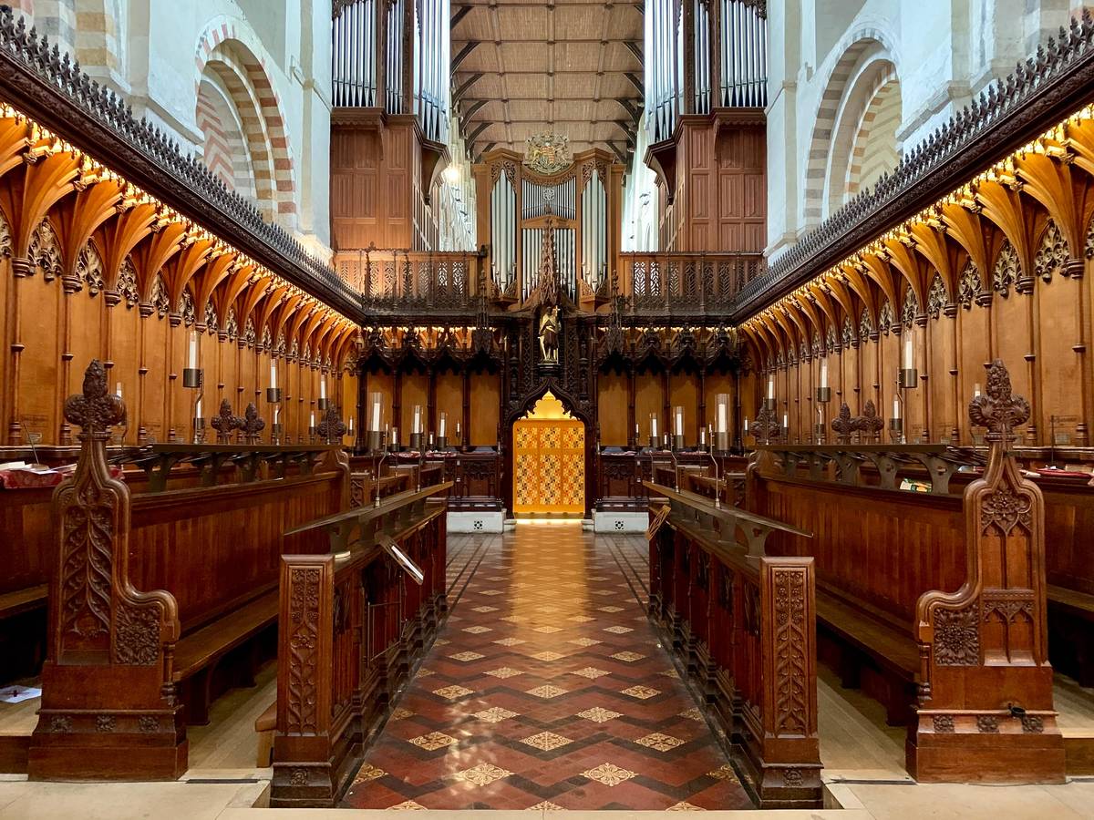 The pews and interior of St Albans Cathedral