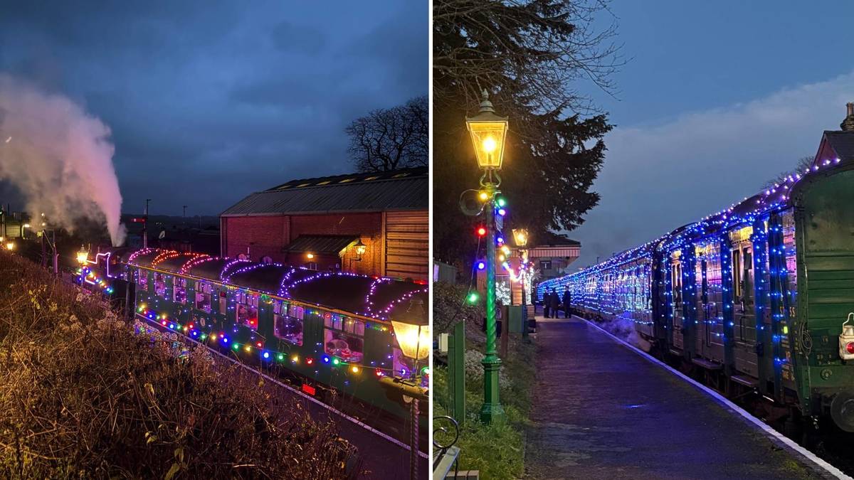 A side by side split image of the Christmas steam train journeying along the train track