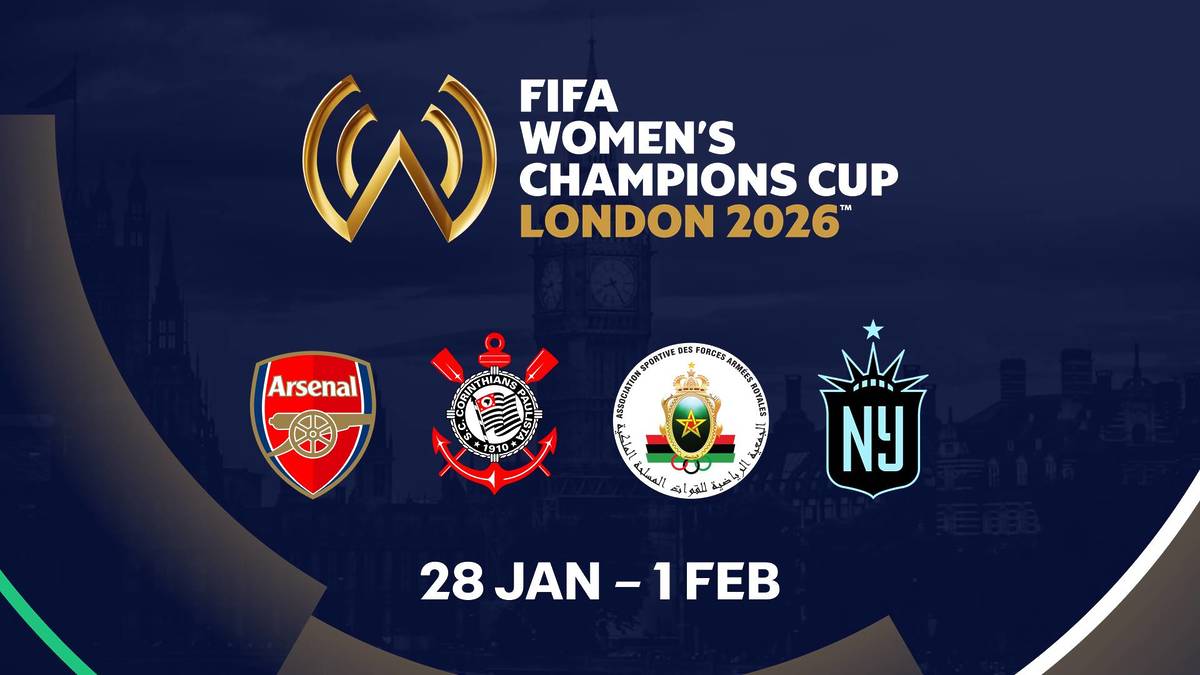a promotional image for the FIFA Women's Champions Cup showing the crests of the four teams competing: Gotham FC (United States), Corinthians (Brazil), Arsenal (England), and ASFAR (Morocco)