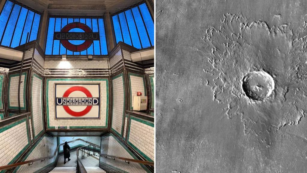 An image of the stairway in to Tooting Bec tube station (left), an image of an impact crater on Mars