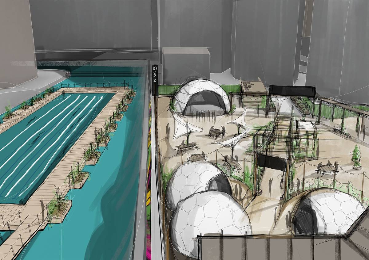 An illustration of a 50 metre swimming pool, sectioned into lanes and a seating area next to it