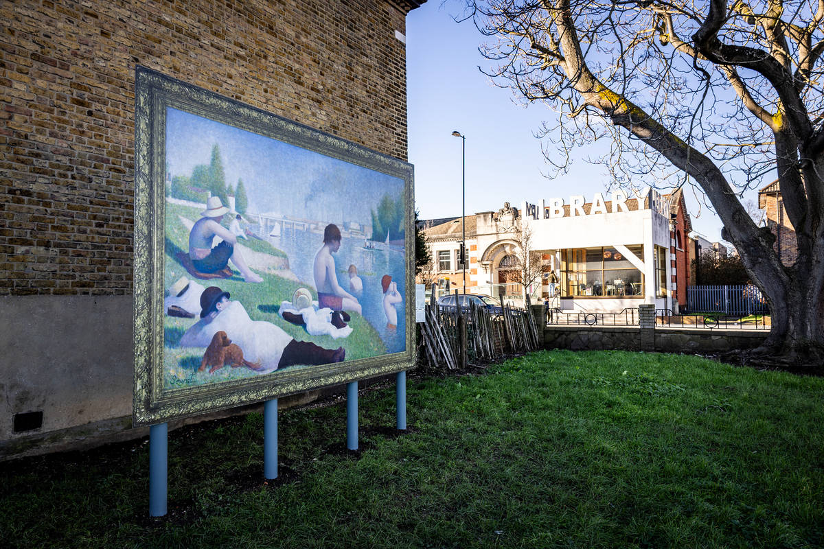 a life-size recreation of Georges Seurat's painting, Bathers at Asnières, in a park in Croydon