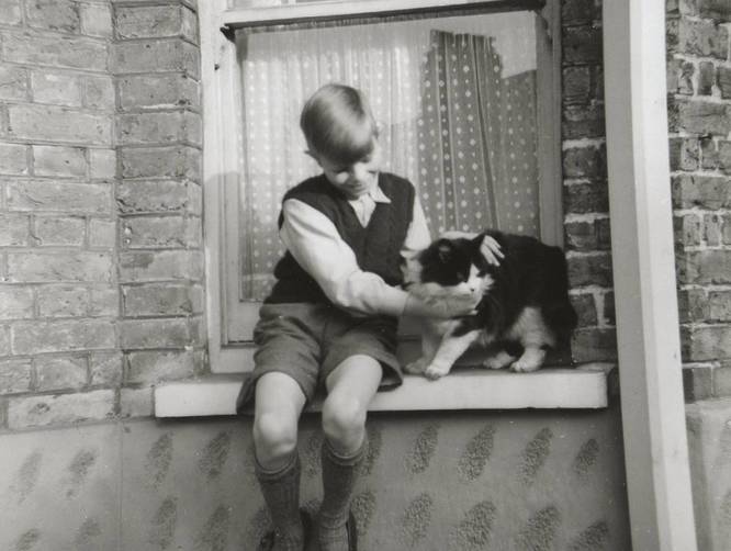 David Bowie with a cat at his childhood home
