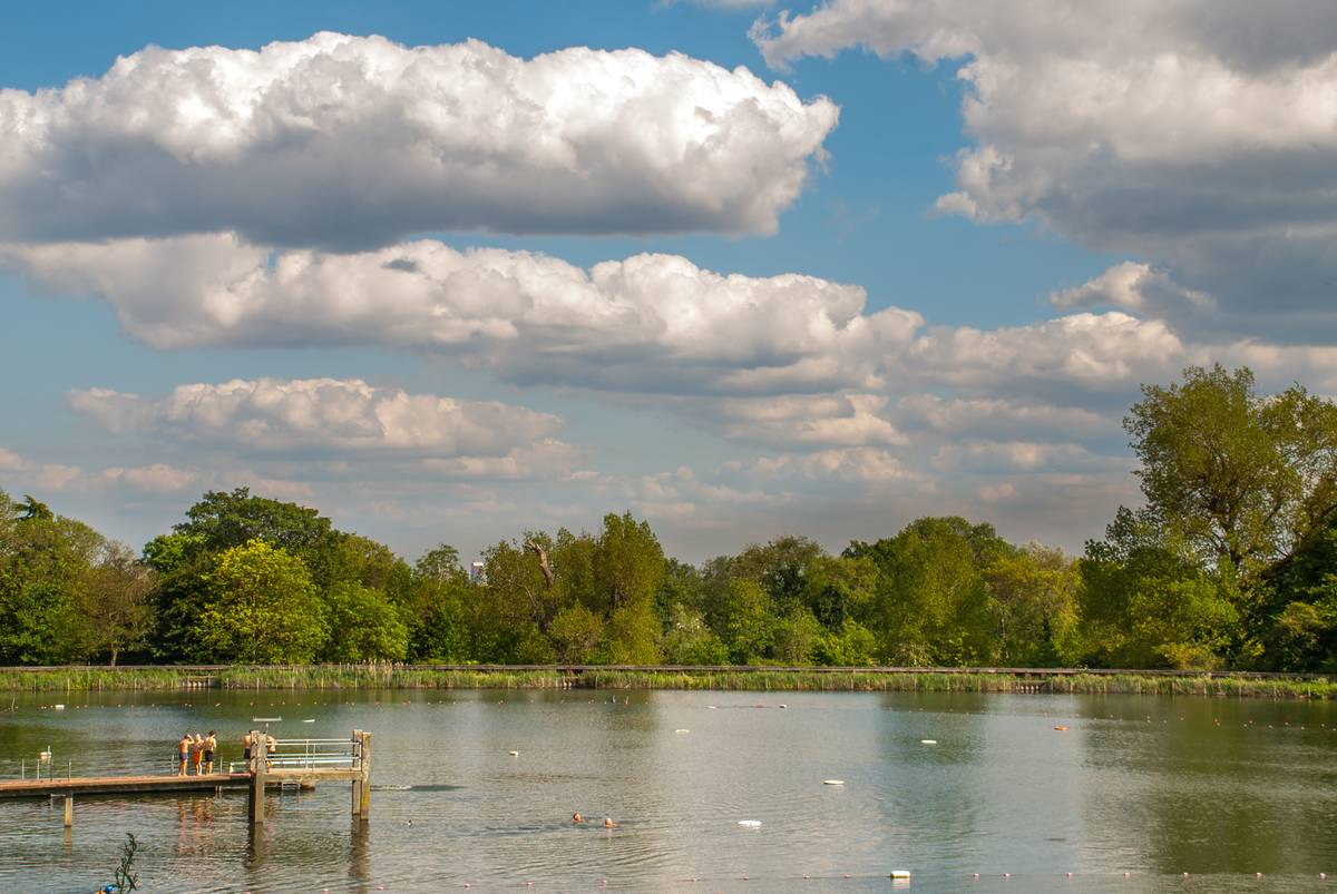 London - 21 May 2019 - Open-air swimming is internationally famous on Hampstead Heath with the Bathing Ponds and the Parliament Hill Lido.