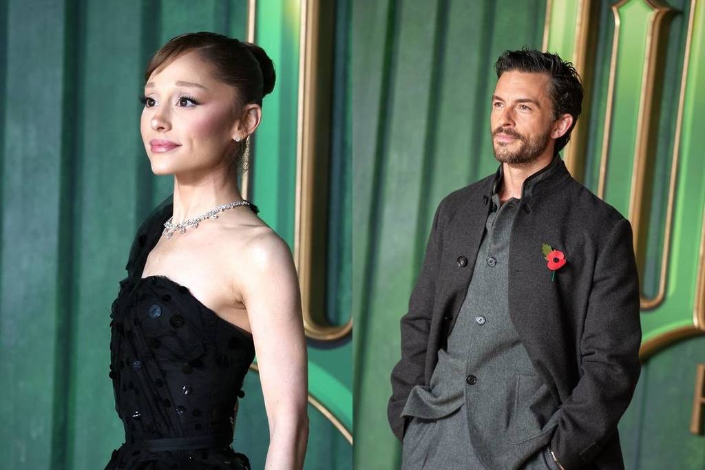 Two images: on one side Ariana Grande in a black gown and on the right Jonathan Bailey in a grey outfit with black coat, both at the Wicked premiere.