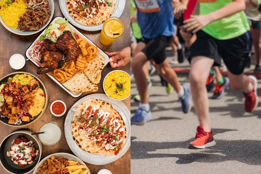 a split screen photo showing a kebab spread and a crowd of marathon runners