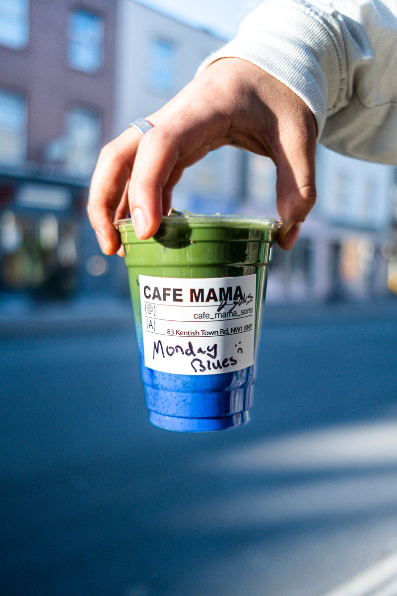 a blue and green matcha with a customer label on it