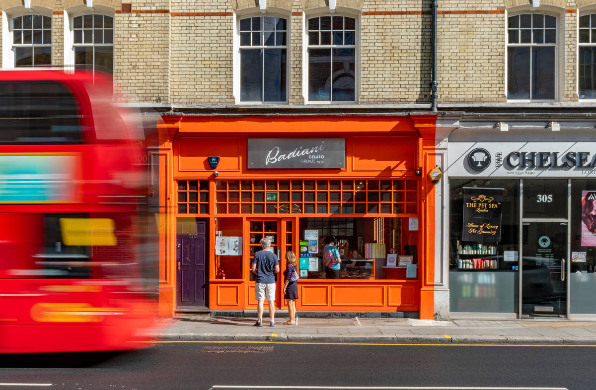 the bright orange exterior of a badiani gelato shop in chelsea