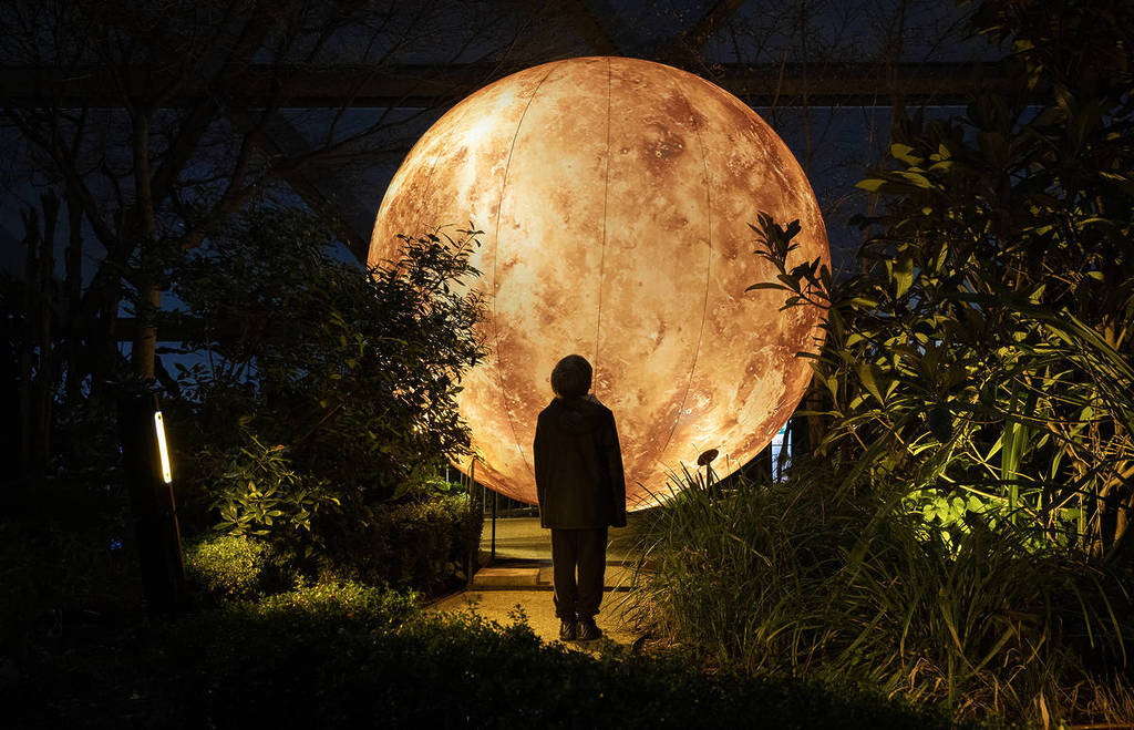 una persona che si avvicina a una grande scultura planetaria illuminata in mezzo al fogliame