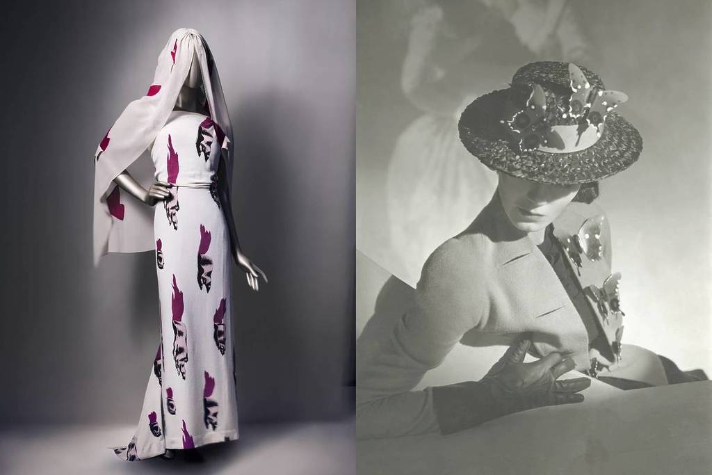 a split screen image showing a mannequin wearing a schiaparelli dress with designs by salvador dali on the fabric, and an old black and white photo of a fashionable woman wearing a brimmed hat and a stylish jacket