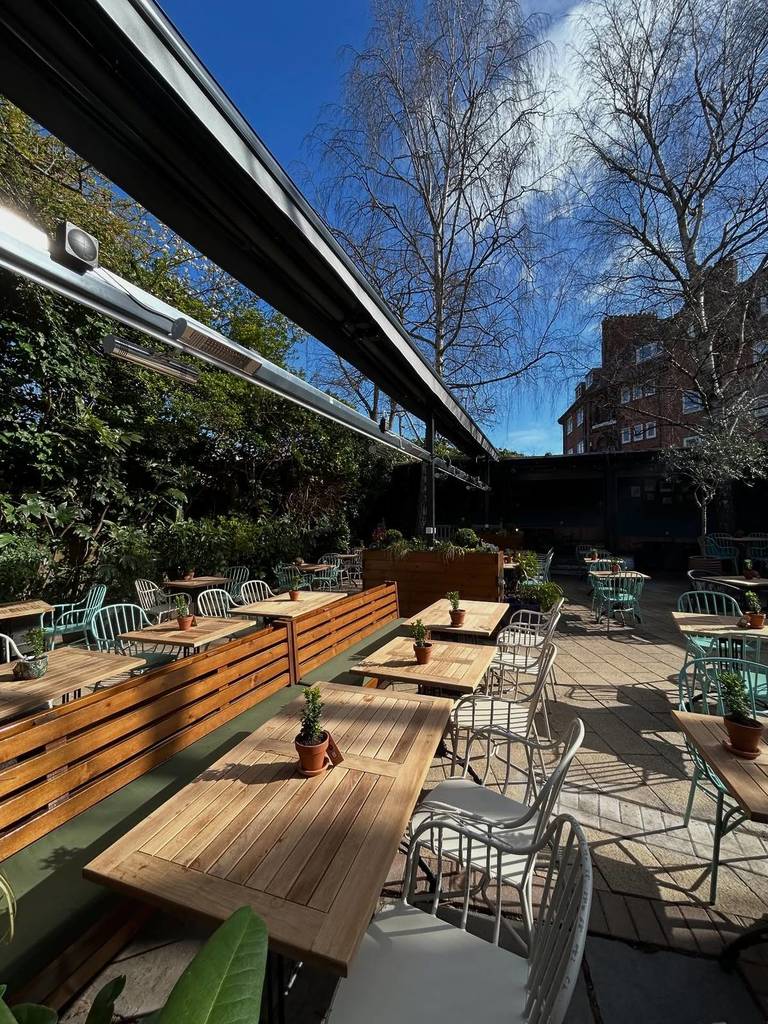 tables filling a large beer garden in the sunshine