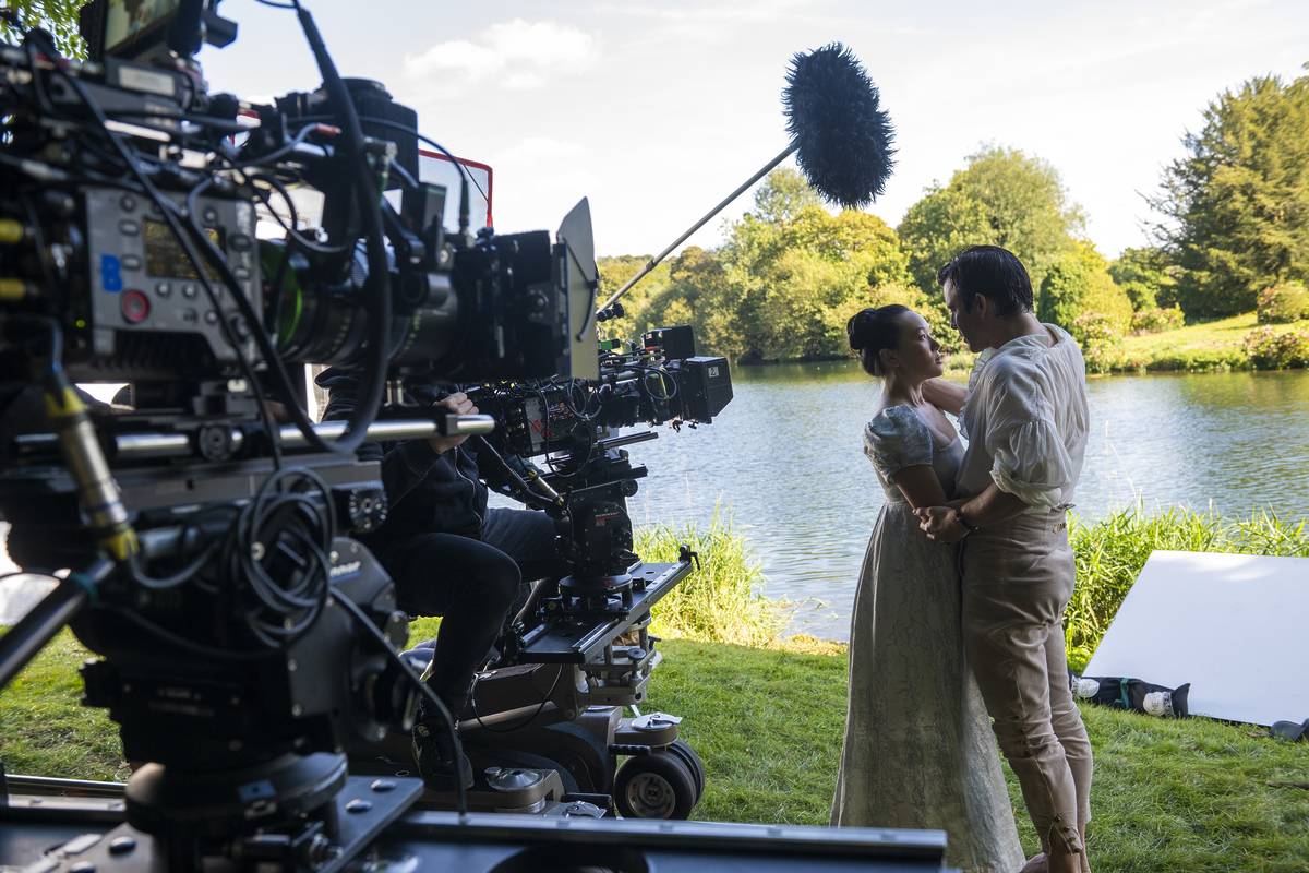 Yerin Ha and Luke Thompson on the set of Bridgerton Series 4.