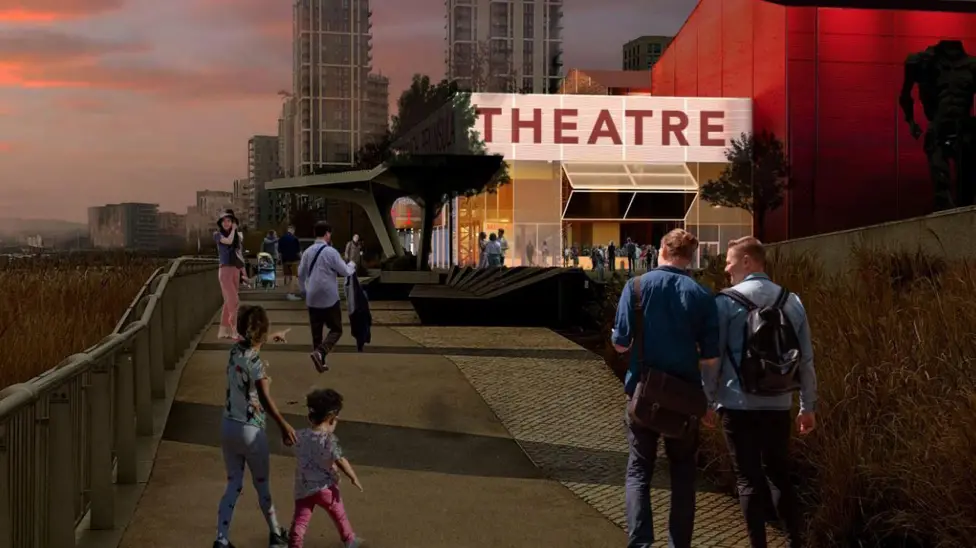 A mock up image of people walking towards the new Troubadour theatre in Greenwich