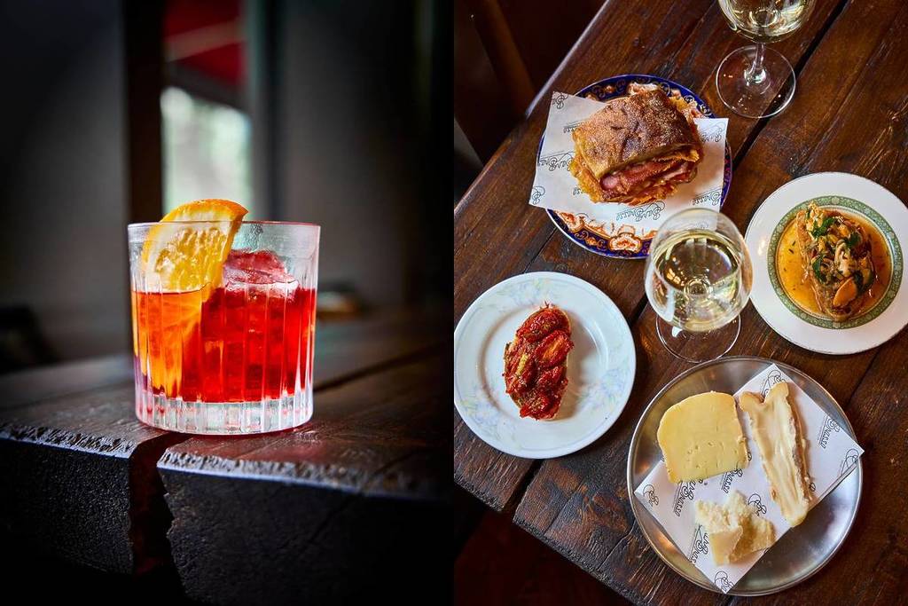 a split screen image showing a negroni on a wooden table, and an array of italian and spanish influenced food on a table