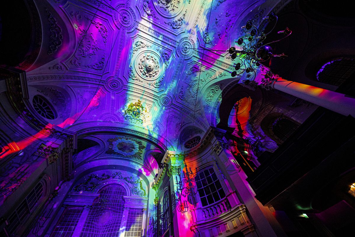 A light show taking place inside a London church