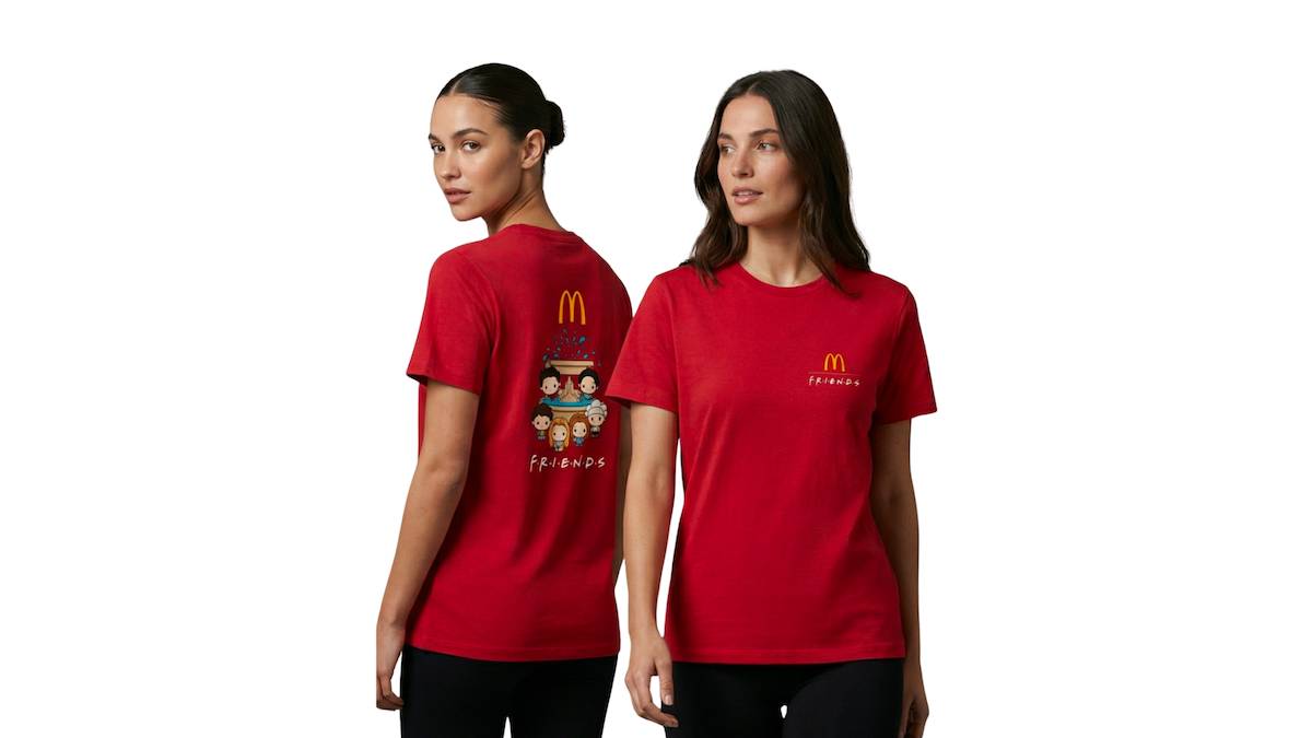 mcdonalds x friends red t shirts shown on a female model