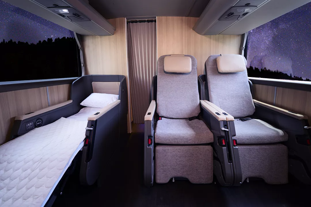 Seats on board the new luxury sleeper bus in Europe
