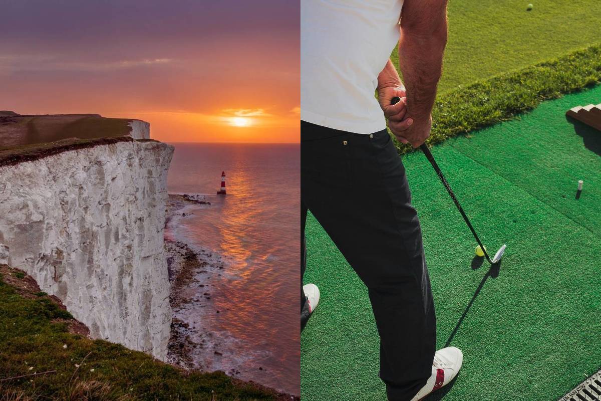 the cliffs of Eastbourne and a man playing mini golf