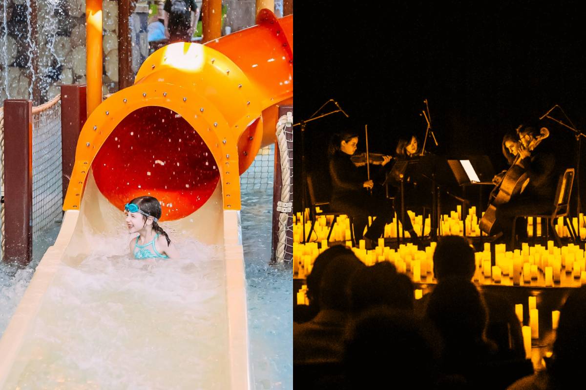 A girl at the bottom ofa water slide and a string quartet performing at a Candlelight concert
