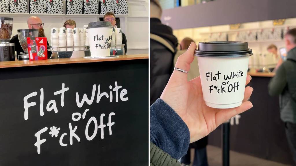 The coffee bar with 'Flat White or F*ck Off' written on it (left), a coffee cup being held up with the same branding on (right)