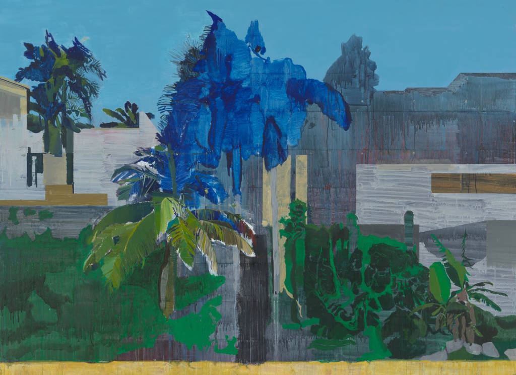 a bright colourful painting showing a blue and green topped tree rendered in dashes and large strokes, in front of white square buildings