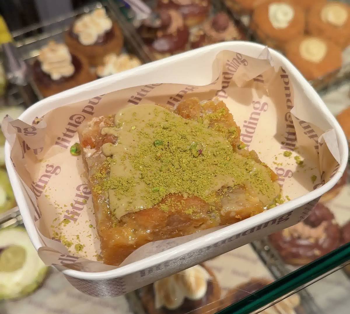 White chocolate and pistachio pudding from Little Pudding in London.