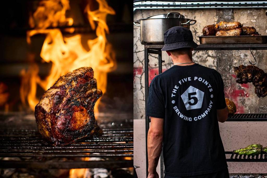 Ein geteiltes Bild, das ein kräftiges Steak zeigt, das über einem offenen Feuer kocht, und jemanden in einem Five-Points-Brau-T-Shirt, das kocht und Essen auf Regalen anordnet