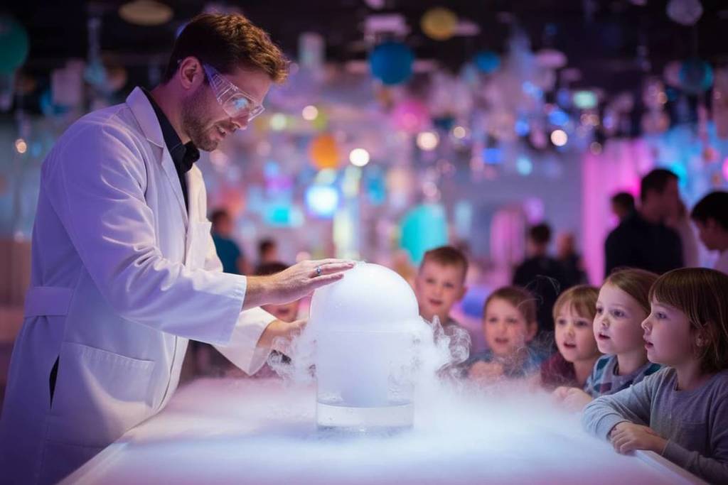 Ein Wissenschaftler im Mini Genius Lab zeigt den Kindern, wie man Experimente durchführt.