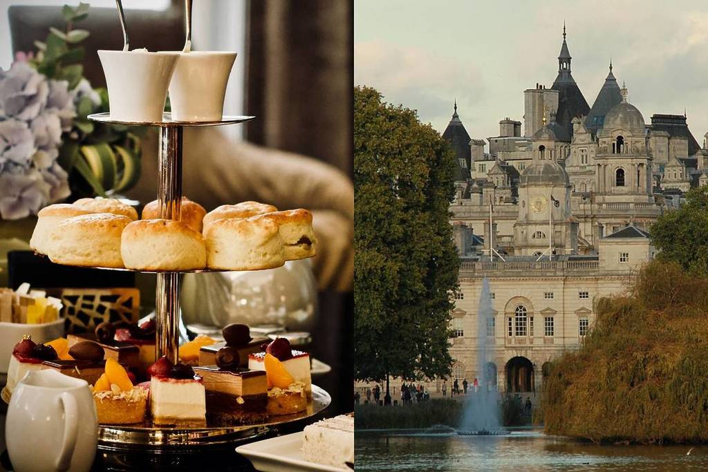 High tea in London featuring scones and cakes, plus the view of Buckingham Palace and other royal buildings surrounding them from St James's Park in London