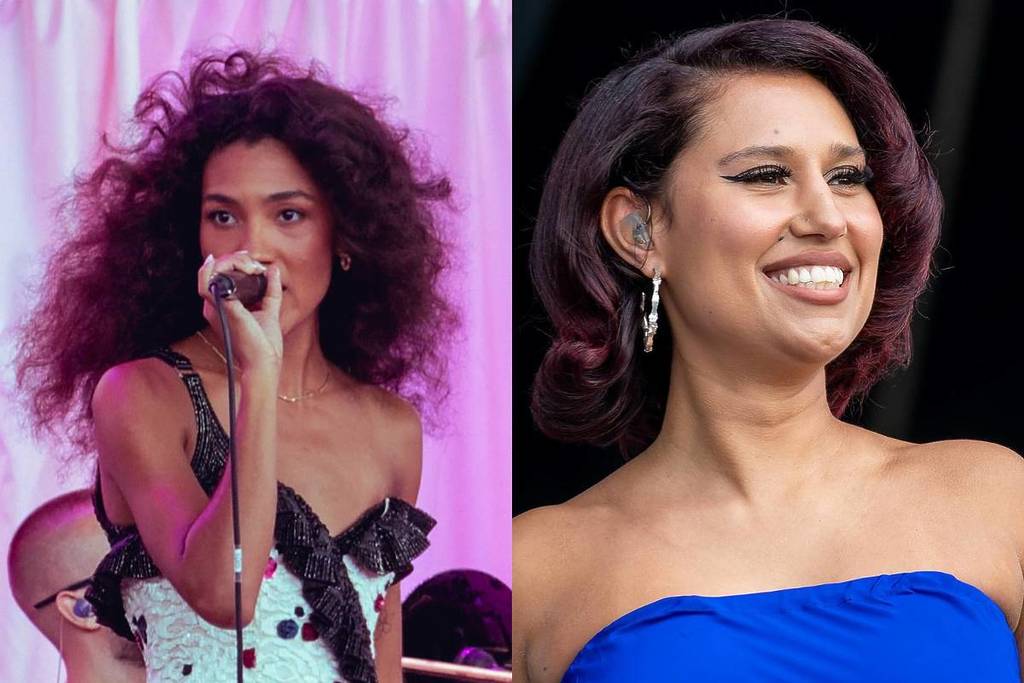 Die in London geborenen Sängerinnen Olivia Dean und Raye treten bei einem Konzert auf der Bühne auf