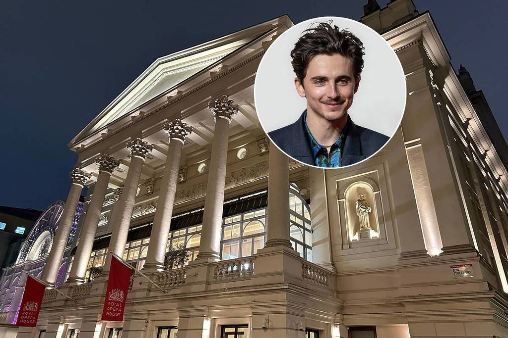 Die Außenseite des Royal Opera House in London Covent Garden bei Nacht und Timothée Chalamet in London