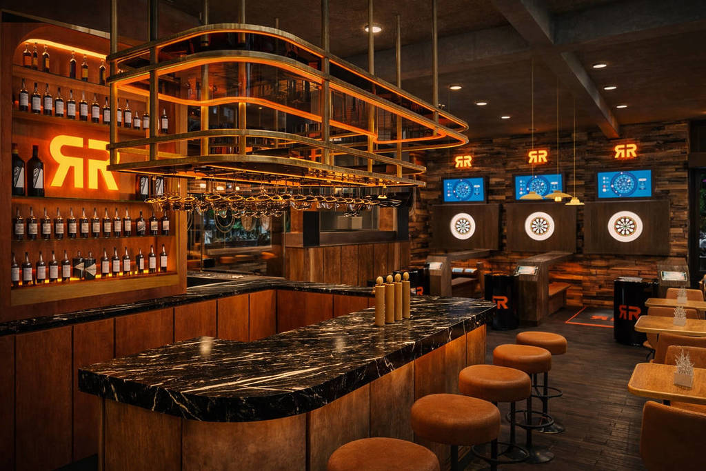 eine Hauptbar in der Mitte, umgeben von Barhockern, mit sichtbaren Dartscheiben im Hintergrund