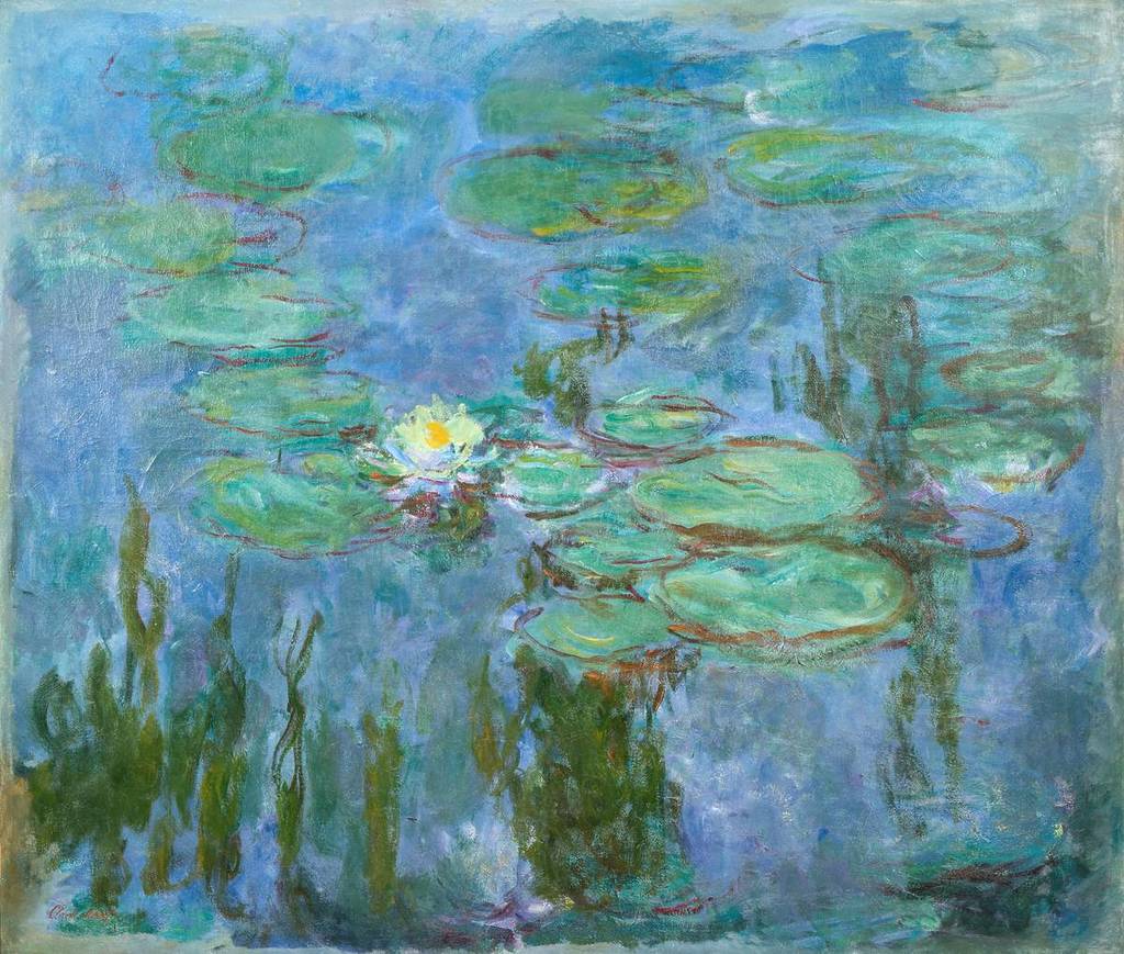 le tableau « Nymphéas » de Claude Monet, représentant une scène aquatique avec des nénuphars et des fleurs flottantes