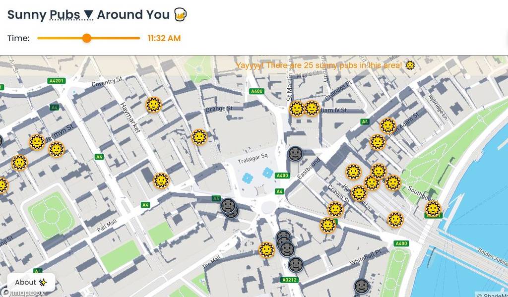 A map of London with sunshine emojis detailing the sunny pubs in realtime