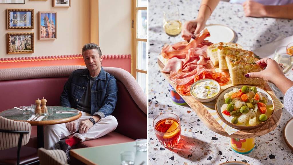 Ein geteilter Bildschirm: Jamie Oliver saß in einer Nische in seinem neuen Restaurant (links), ein Antipasti-Brett (rechts)