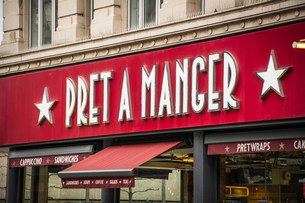 LONDON – JANUAR 2019: Pret A Manger – Außenbeschilderung – eine britische Lebensmittelkette.