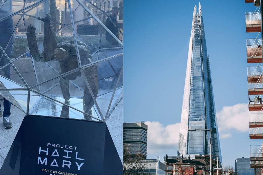 Ein Bild zeigt eine felsig aussehende Skulptur in einer dowm-ähnlichen Struktur und ein weiteres Bild rechts von der über London aufragenden Scherbe