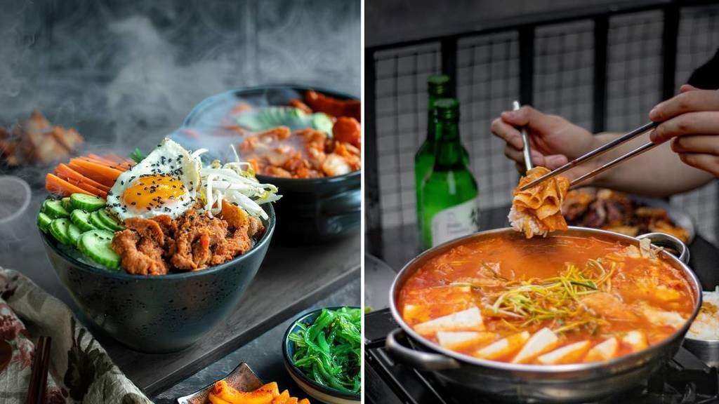 ein geteiltes Bild verschiedener koreanischer Streetfood-Gerichte