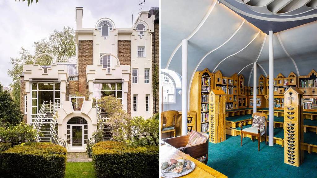 ein Bild nebeneinander: die Rückseite eines postmodernen Stadthauses in London (links), ein Bibliotheksraum mit Bücherregalen in Form von Häusern (rechts)