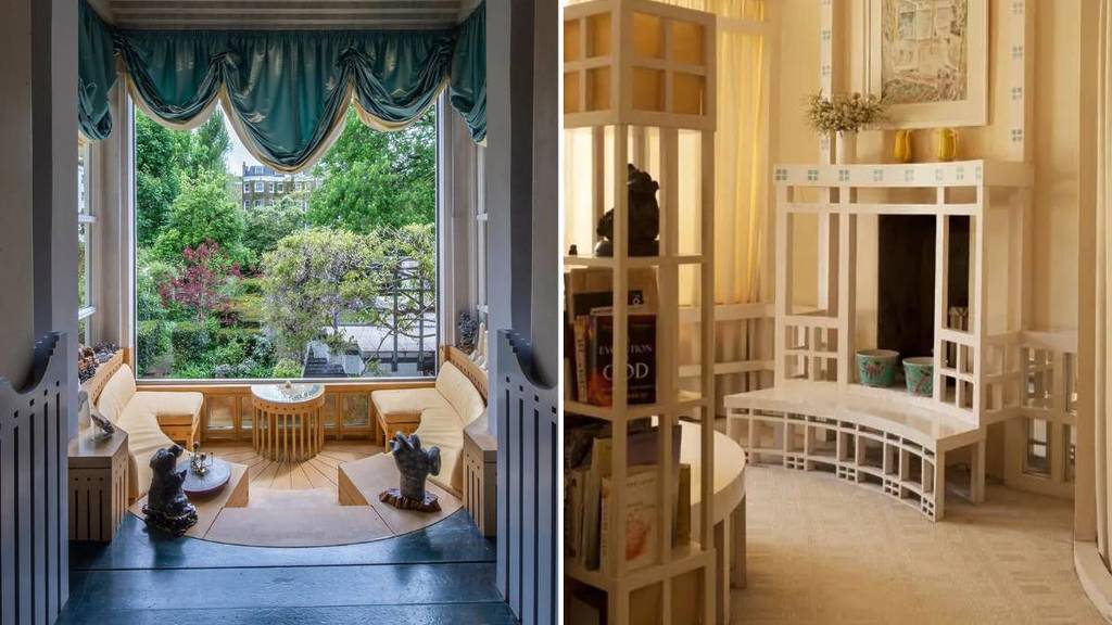 a side by side image - a large windo and seating area looking out onto a garden (left), furnishings in a bedroom (right)