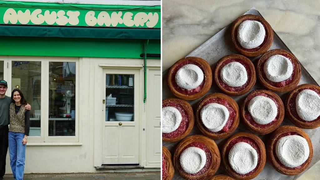 Die Vorderseite einer Bäckerei in London mit grüner Beschilderung (links), einem Tablett mit Gebäck (rechts)