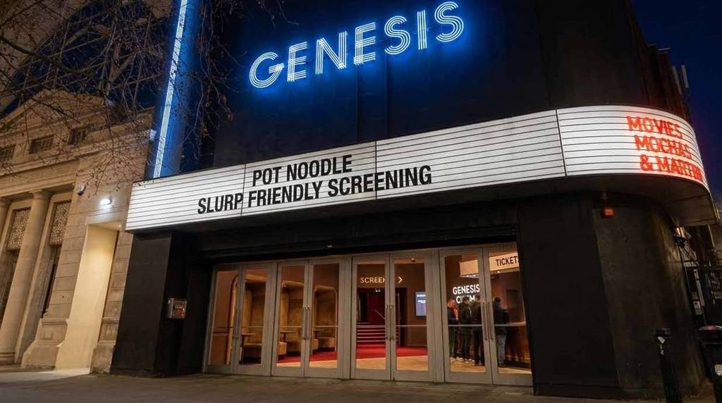 Le Genesis Cinema annonce sur son panneau extérieur une projection « Slurp Friendly » avec un Pot Noodle