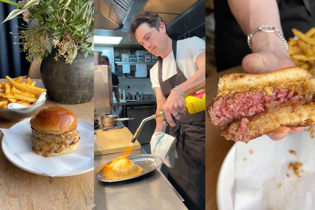 3 Bilder: eines zeigt einen Burger und Pommes auf einem Tisch, das zweite zeigt einen Koch, der einen Burger mit einer Lötlampe anbrennt, und das dritte zeigt einen aufgeschnittenen Burger, auf dem ein saftiges, seltenes Stück Fleisch zu sehen ist.
