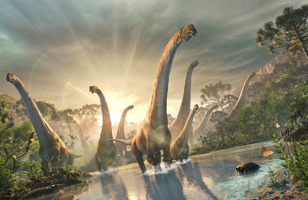 Gameplay-Aufnahmen aus Age of Dinosaurs, die riesige Dinosaurier zeigen, die über einen See laufen